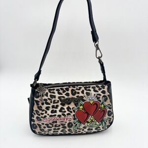 Ed Hardy Leopard Print Heart Tattoo Wristlet Bag Vegan Materials